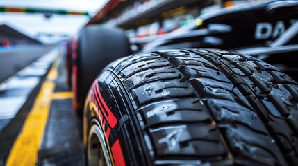 Close-up of a Formula One racing car's tire. The tire is wet from the rain and the tread is clearly visible.