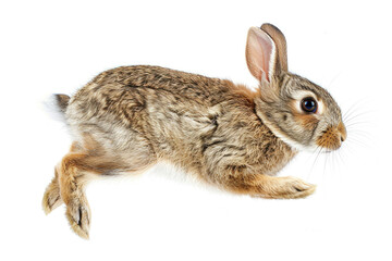 A rabbit in mid-leap, legs extended, isolated on a white background