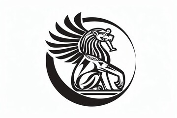 Black and white illustration of a winged lion in a circle.