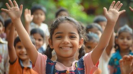 Fototapeta premium Little girl with her arms in the air. She is smiling. There are other children in the background.
