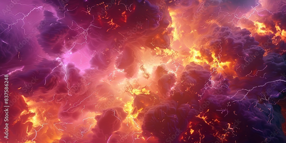 Wall mural 3d rendering of colorful nebula with clouds and lightning, fantasy space background