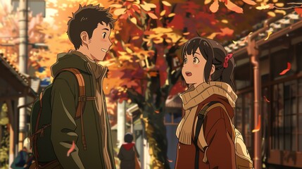Fototapeta premium Animesque depiction of a young man and woman meeting on a city street in the fall. They are both smiling and wearing casual clothes.