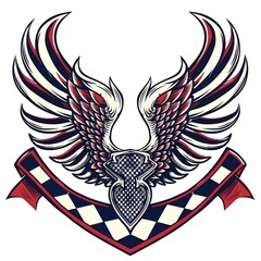 Red, white, and blue wings with checkered flag and shield design