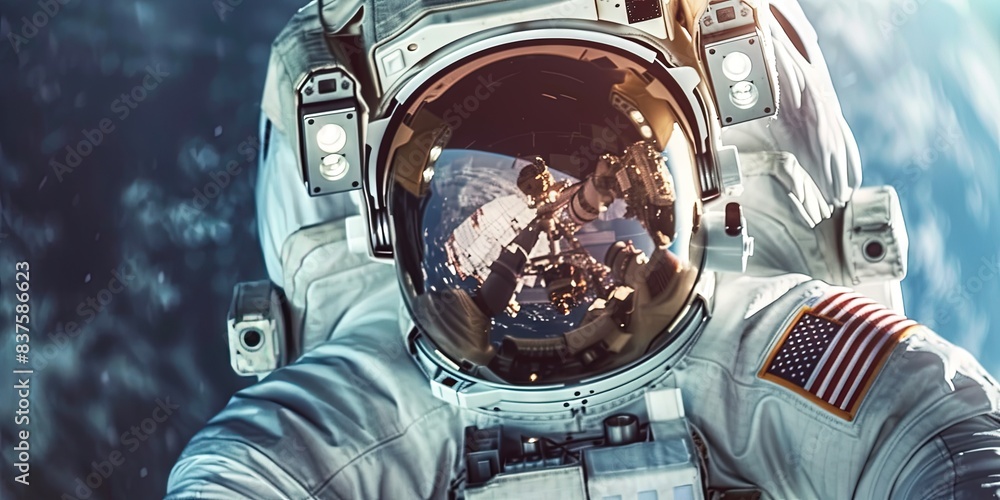 Wall mural astronaut in full space suit exploring outer space floating in the galaxy