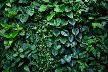 A wall adorned with herbs and plants, creating a natural green wallpaper and background