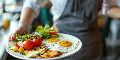 Naklejka premium waitress holding breakfast plate in a cafe or restaurant