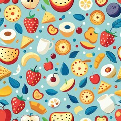 Seamless pattern of assorted cereals with milk splashes and fruit slices, Generative AI