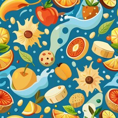 Seamless pattern of assorted cereals with milk splashes and fruit slices, Generative AI