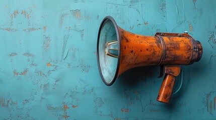 Old-fashioned orange megaphone mounted on a distressed turquoise wall, combining vintage charm with a modern artistic touch.