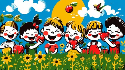Naklejka premium Kids in a sunny park, smiling and enjoying juicy apple slices, playful daytime scene