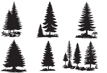 Various types of Vintage woodland pine trees with ground soil silhouette