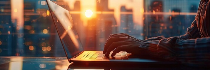 Employee using laptop in the office with a view of the city out the window - business technology concept