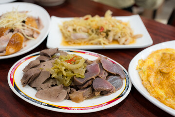 Asian cuisine with goose viscera in the chinese restaurant