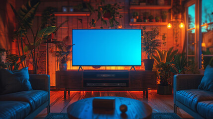 Smart TV with an empty blue screen in a modern living room, blending 3D illustration and matte painting,generative ai