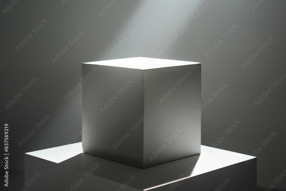 Poster 3d rendering of a white cube on a white podium with a spotlight shining down on it.