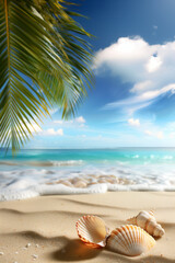 Obraz premium Shells Palm trees and starfish on the beach - Eye-Catching Banners with Space for Text - Vertical composition - seasonal sale concept - Retail advertising image - Adaptable Background Art 