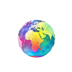 Colorful low-poly illustration of Earth, showcasing the continents in vibrant geometric patterns against a white background.