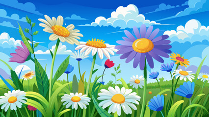 beautiful field meadow flowers chamomile blue vector illustration