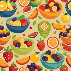 Seamless pattern of fresh fruit bowls with berries, bananas, and citrus slices, Generative AI