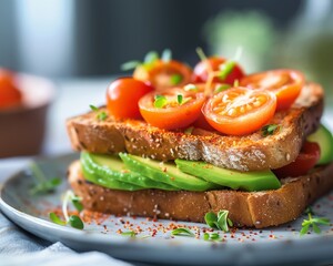 A delicious and healthy breakfast or lunch of avocado toast with cherry tomatoes and microgreens on whole grain bread.