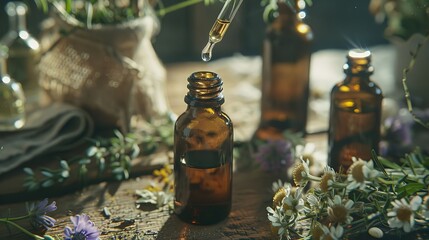 A dropper dispenses liquid from a bottle surrounded by wildflowers and herbs.  A rustic, natural aesthetic. - Powered by Adobe