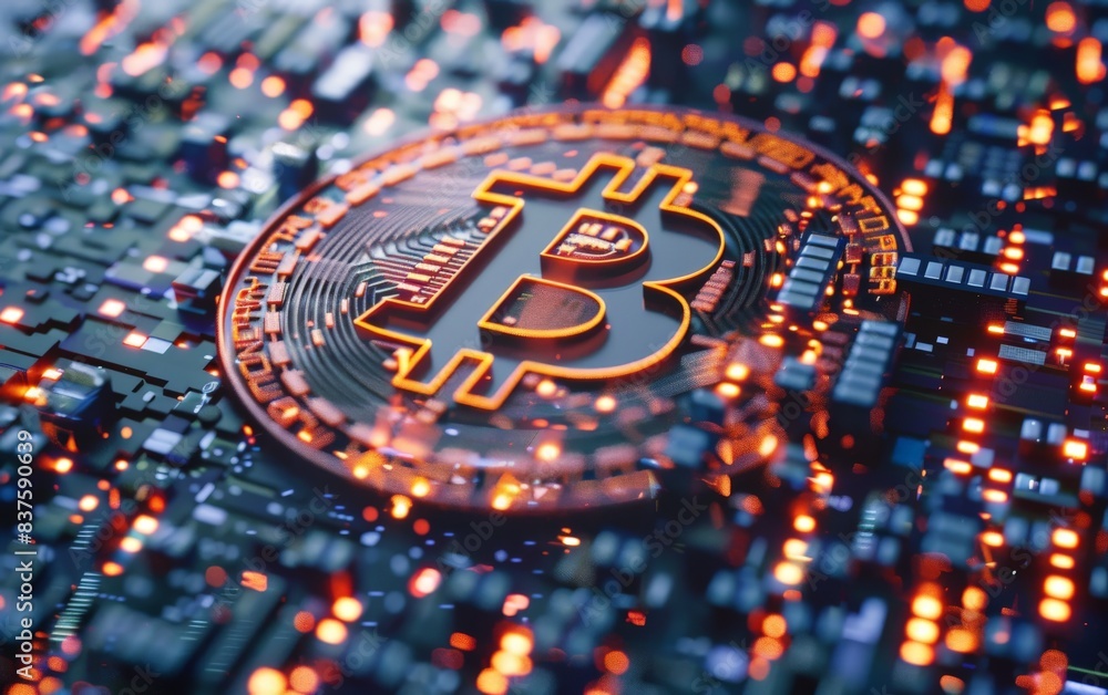 Poster a glowing bitcoin cryptocurrency coin on a circuit board, representing digital currency and blockcha
