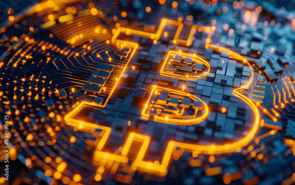 Poster a glowing bitcoin symbol on a circuit board, representing the digital currency and blockchain techno