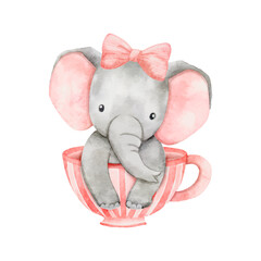 Watercolor baby elephant sitting in tea cup. African baby animal for baby shower girl, nursery decorations, birthday invitations vector