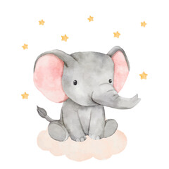 Watercolor baby elephant sitting on a cloud. African baby animal for baby shower girl, nursery decorations, birthday invitations vector