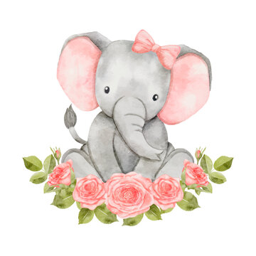 Watercolor baby elephant sitting in flowers wreath. African baby animal for baby shower girl, nursery decorations, birthday invitations vector