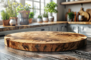 Empty round wood tabletop in a clean, bright kitchen, perfect for display.generative ai