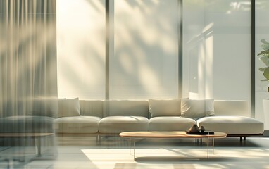 A modern living room with a white sofa, wooden coffee table, and large windows with natural sunlight streaming in.  The space is clean and inviting, perfect for relaxing.