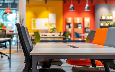 A modern office space with colorful accents and a table in the foreground.  The focus is on the table and chairs, with the rest of the space blurred in the background.