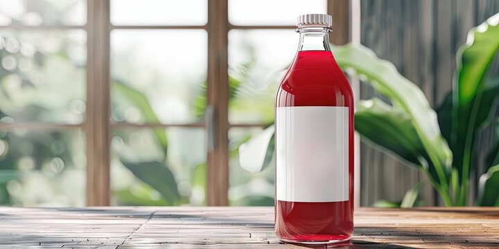 red juice bottle, blank white label, refreshing background, 