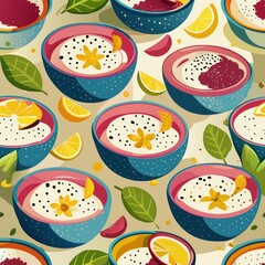 Seamless pattern of smoothie bowls with toppings like chia seeds and coconut flakes, Generative AI