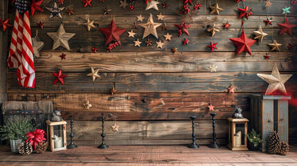 Festive Presidents' Day Celebration with American Flag and Wooden Decorations on Display with Copyspace