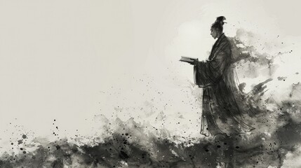 Ancient Chinese literati, holding a book in hand, standing to read, with distinct muscle lines in their posture. Dressed in ancient Chinese attire, the side profile plays a solo, against a background 