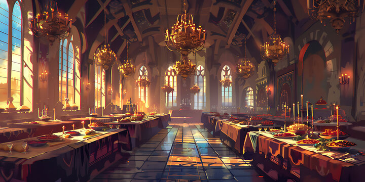 interior of the church of the holy sepulchre, 2d cartoon A grand medieval banquet hall with long tables filled with food, ornate chandeliers hanging from the ceiling, and knights and nobles enjoying 