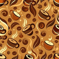 Obraz premium Seamless pattern of steaming coffee cups with coffee beans and swirls, Generative AI