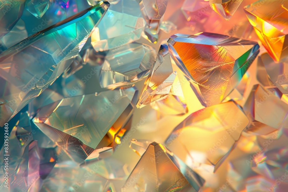 Poster abstract background of iridescent glass shards reflecting light in a vibrant spectrum of colors.