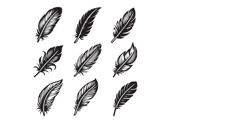 silhouette Feather Set icon type, distinct feather logo position, isolated on a white background