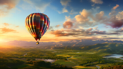 Fototapeta premium Hot air balloon with people is flying over beautiful landscape with mountains and lake on sunrise. Sky with clouds. Warm and peaceful atmosphere. Generative ai. 