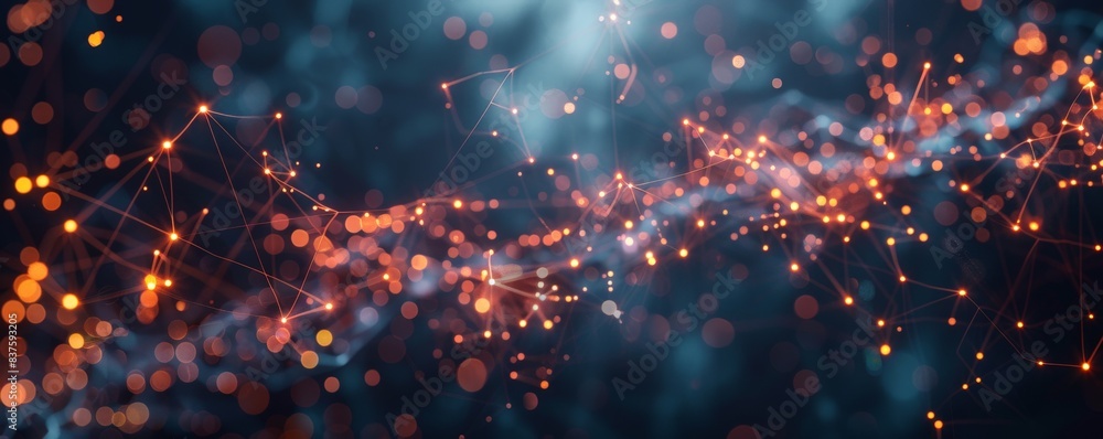 Poster abstract background with glowing particles and bokeh effect.