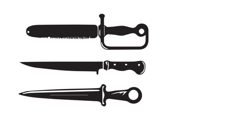 Knife and other kitchen elements silhouette a white background