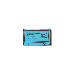 Vector cassette logo hand drawn style. Clipart sketch pictogram for nostalgic 70s, 80s, 90s, analog music tape