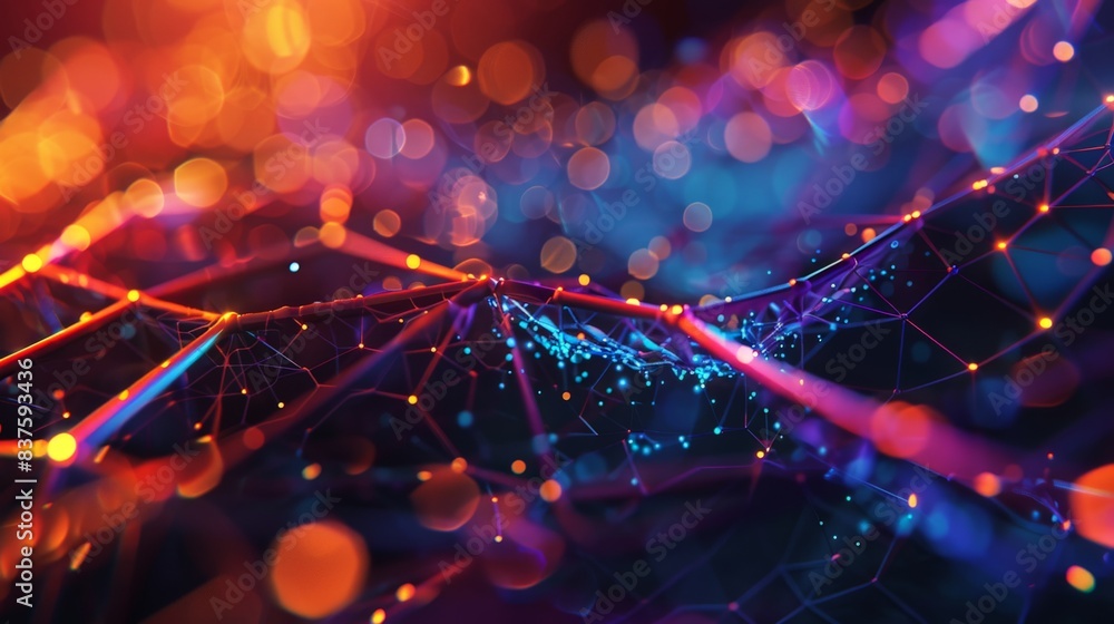 Poster abstract background with vibrant colors and bokeh lights. a network of glowing lines and dots, creat