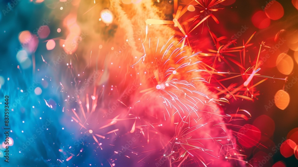Poster abstract background with vibrant colors and bokeh lights, creating a festive and celebratory atmosph