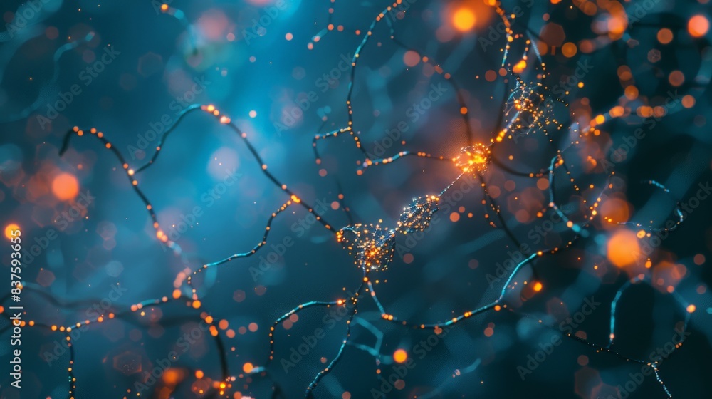 Poster abstract blue and orange neurons background with glowing lines and bokeh lights.