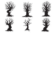 Various types of Vintage woodland pine trees with ground soil silhouette