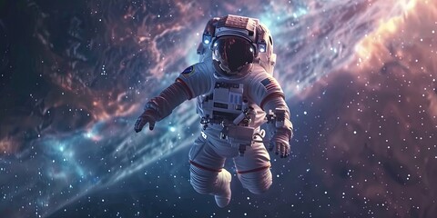 Astronaut floating in the depths of outer space - exploring the galaxy and universe in a space suit